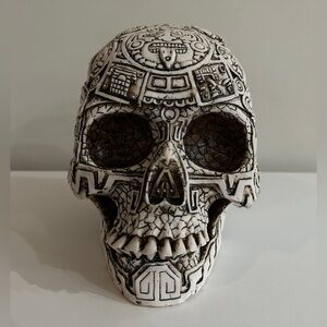 Aztec-Inspired Decorative Skull with Intricate Carvings Art Decor